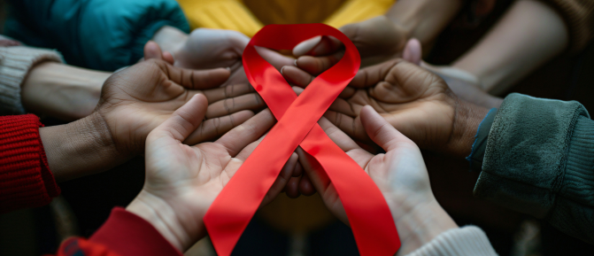 Gruppo di persone che uniscono le mani formando un cerchio e sorreggono insieme un grande nastro rosso, simbolo della lotta all’HIV/AIDS.