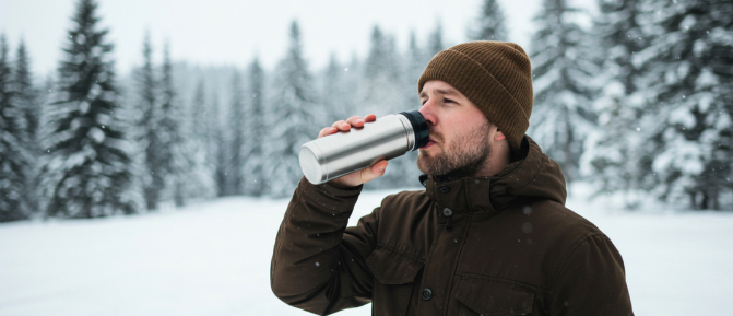 Uomo all’aperto in un paesaggio innevato che beve da una borraccia termica, immagine simbolo dell’importanza di mantenere una corretta idratazione anche durante l’inverno.