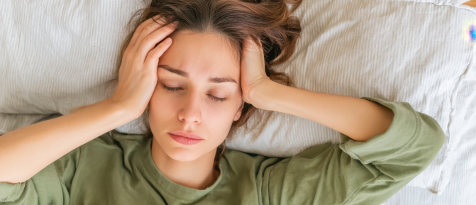 Donna sdraiata a letto con gli occhi chiusi e le mani alla testa, espressione di stanchezza e tensione che rappresenta i disturbi del sonno e i loro possibili effetti sulla salute.