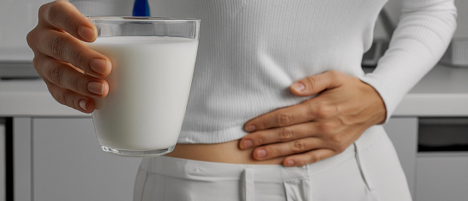 Persona con un bicchiere di latte in mano e l’altra mano sull’addome, immagine che rappresenta possibili disturbi legati a intolleranze alimentari.