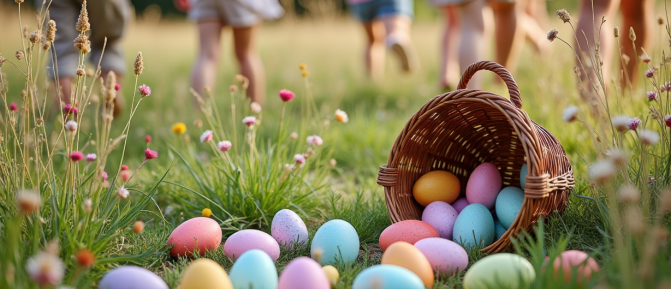 Cestino con uova di Pasqua colorate sull’erba tra i fiori di primavera mentre alcuni bambini giocano sullo sfondo in un prato illuminato dal sole.