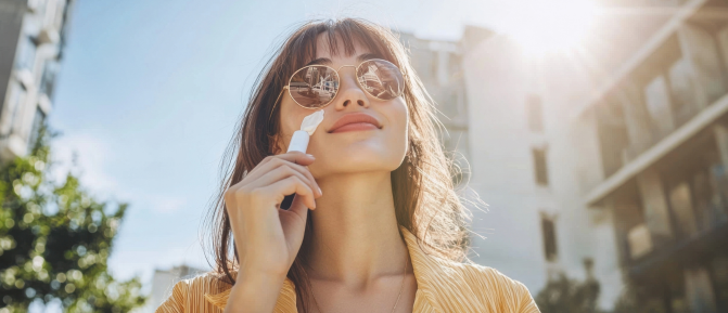 Donna in città che applica la crema solare sul viso sotto la luce del sole, gesto di protezione della pelle dai raggi UV.