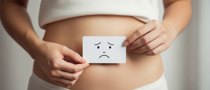 Persona che tiene una scheda con espressione triste davanti all’addome, simbolo di gonfiore, digestione lenta e fastidi intestinali estivi.