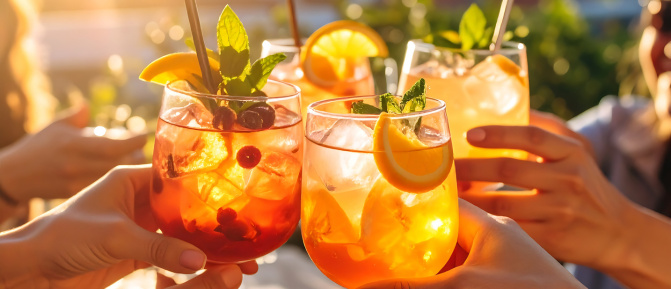 Persone brindano all’aperto al tramonto con cocktail e aperitivi, in un contesto estivo.